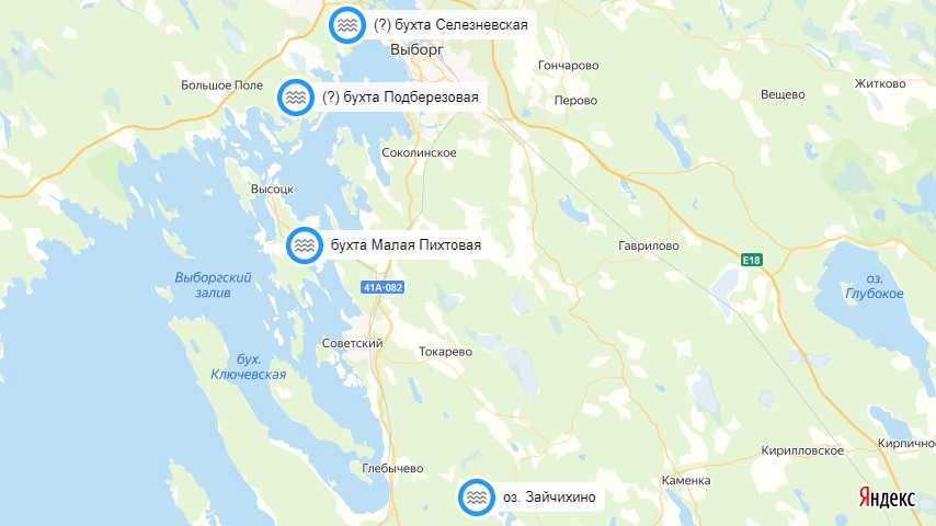 бухта Селезневская, бухта Подберезовая, бухта Малая Пихтовая, озере Зайчихино