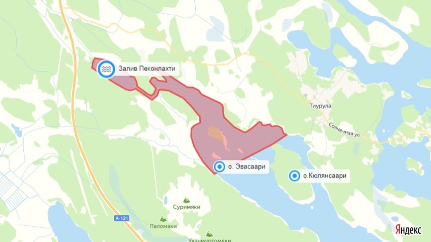 залив Тиурунланселькя, залив Пеконлахти, залив Кюлянсаари, остров Эвасаари